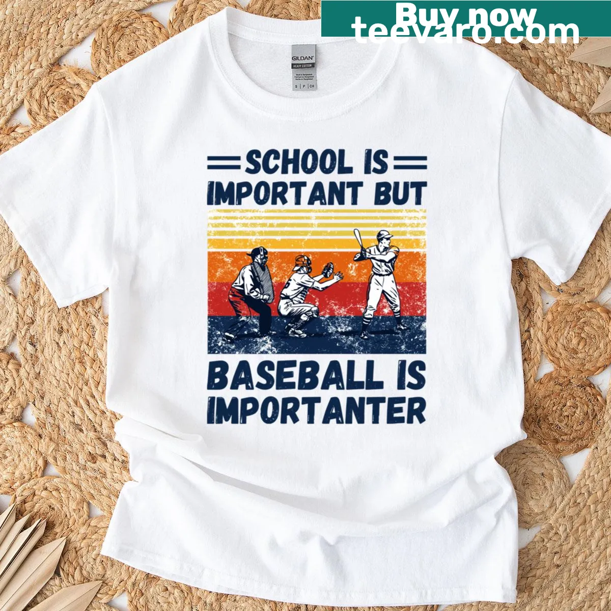 Playful t-shirt with text about school and baseball priorities — on a men's t-shirt