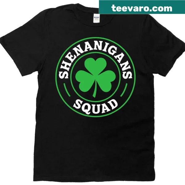 Funny St. Patrick's Day shirt with 'Shenanigans Squad' text.