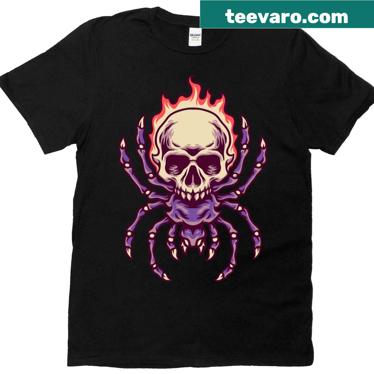 Skull with flames and purple bones graphic on a t-shirt — on a men's t-shirt