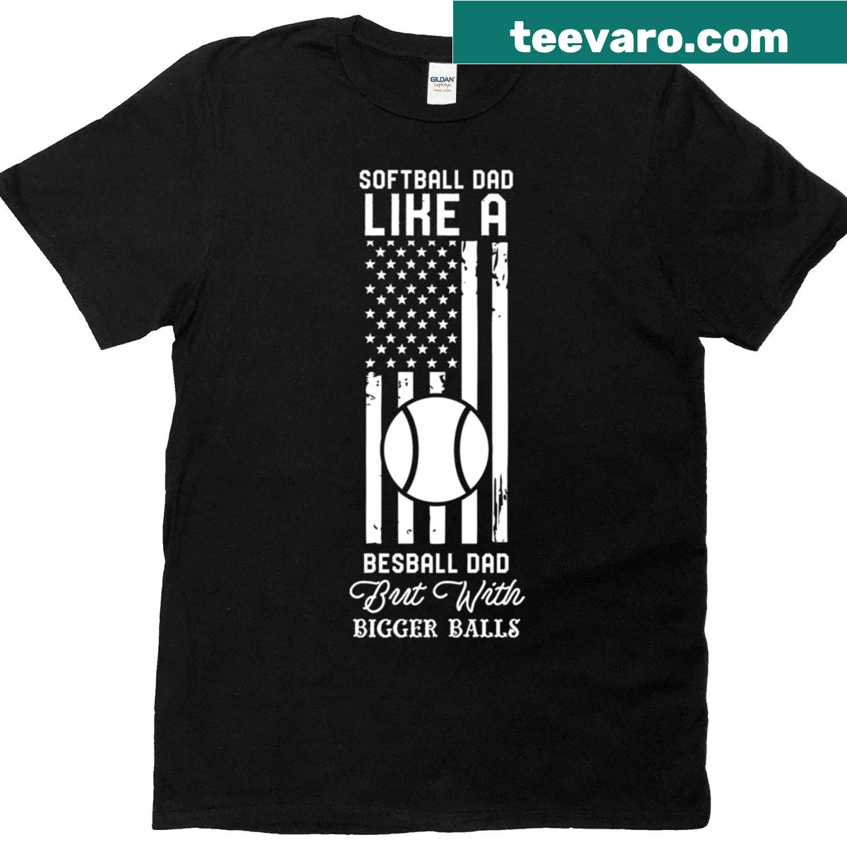Softball Dad t-shirt with funny text and USA flag design — on a men's t-shirt