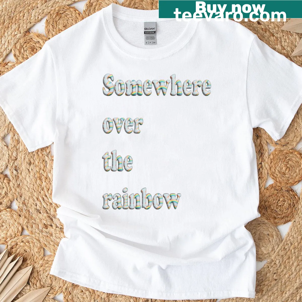 Typographic design featuring the phrase 'Somewhere Over The Rainbow' on T-shirt — on a men's t-shirt