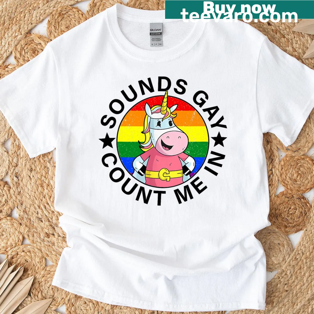 LGBT pride t-shirt with unicorn and rainbow flag design — on a men's t-shirt