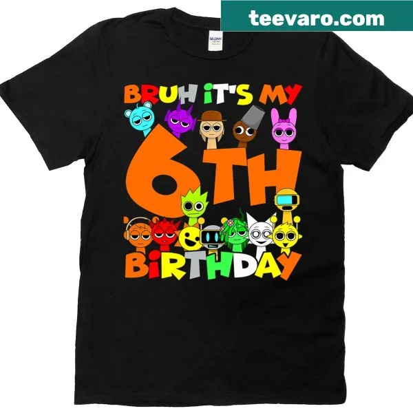 Cartoon design celebrating a 6th birthday party on a kids t-shirt