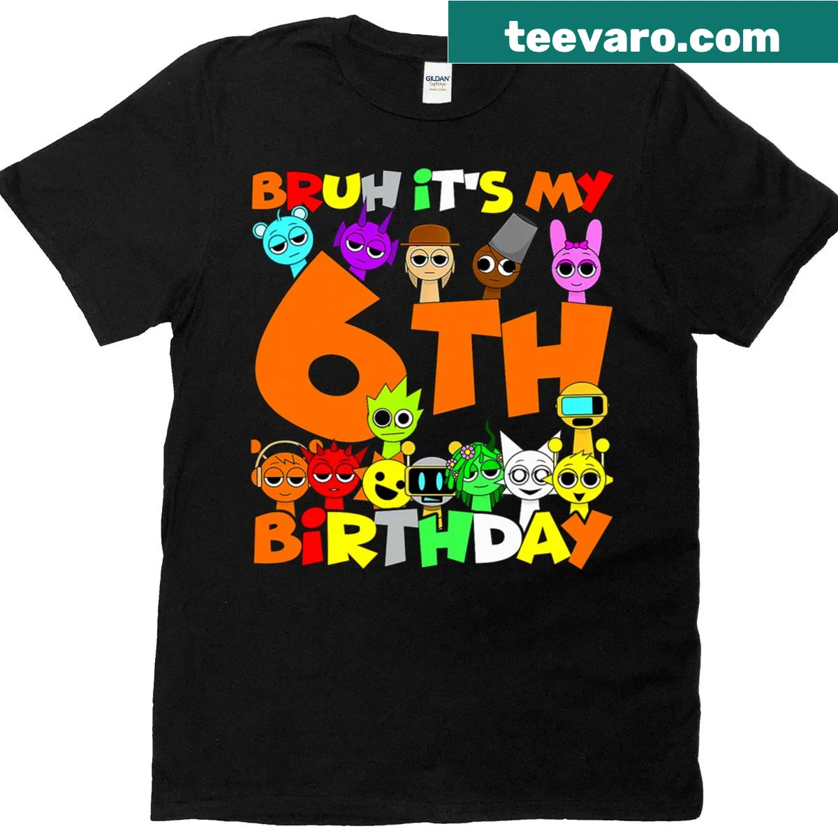 Cartoon design celebrating a 6th birthday party on a kids t-shirt — on a men's t-shirt