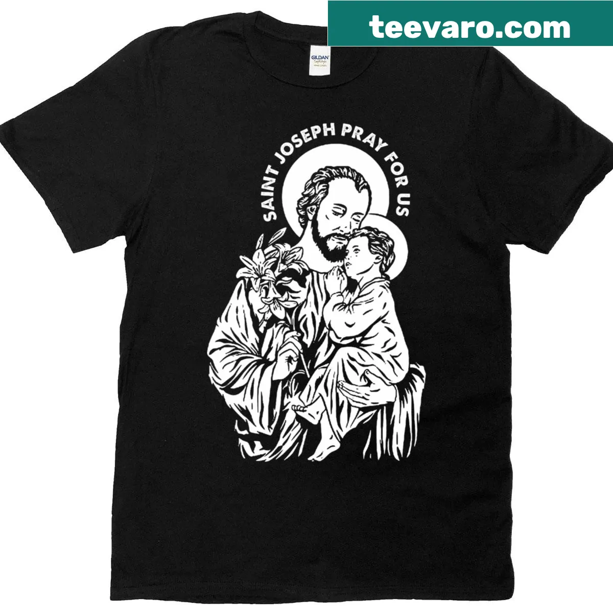 T-shirt featuring St Joseph and Jesus with the text 'Pray for Us' — on a men's t-shirt