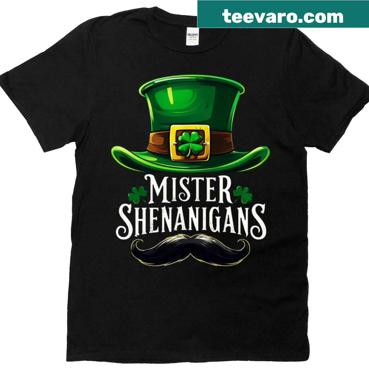 Funny St Patricks Day tee featuring Mister Shenanigans with moustache — on a men's t-shirt