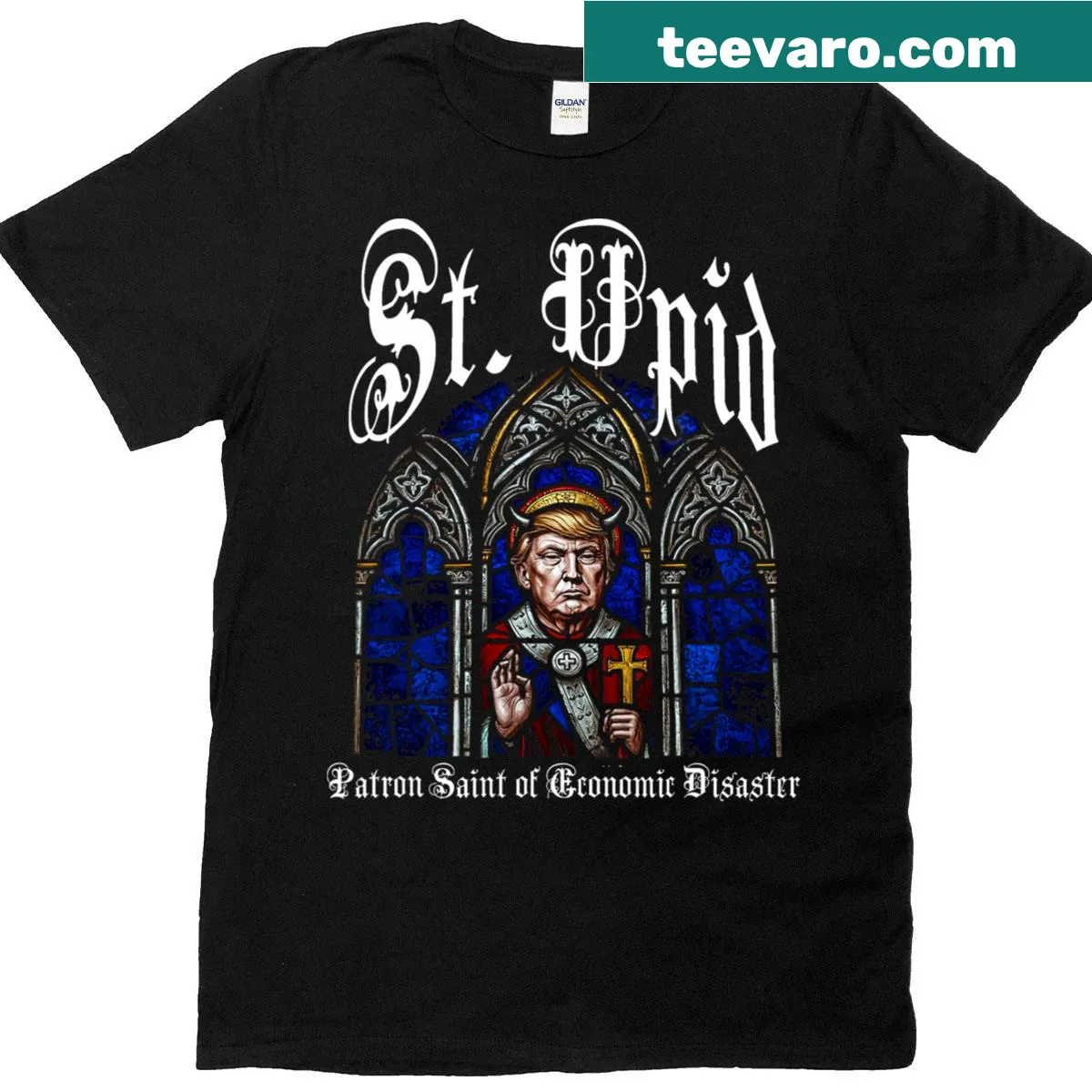 Sarcastic t-shirt with text declaring St. Upid as Patron Saint of Economic Collapse — on a men's t-shirt