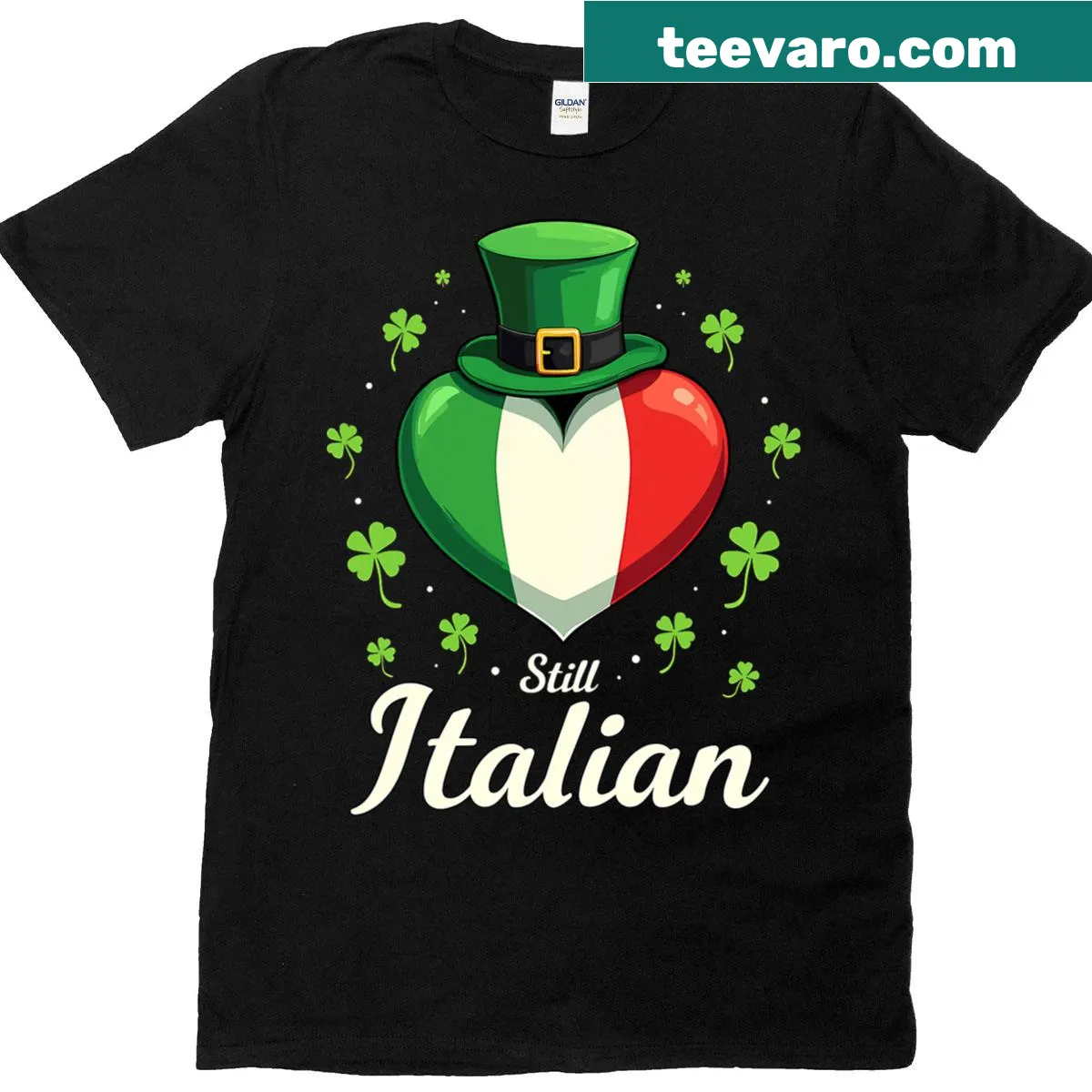 T-shirt with shamrocks and 'Still Italian' text for St Patricks Day — on a men's t-shirt