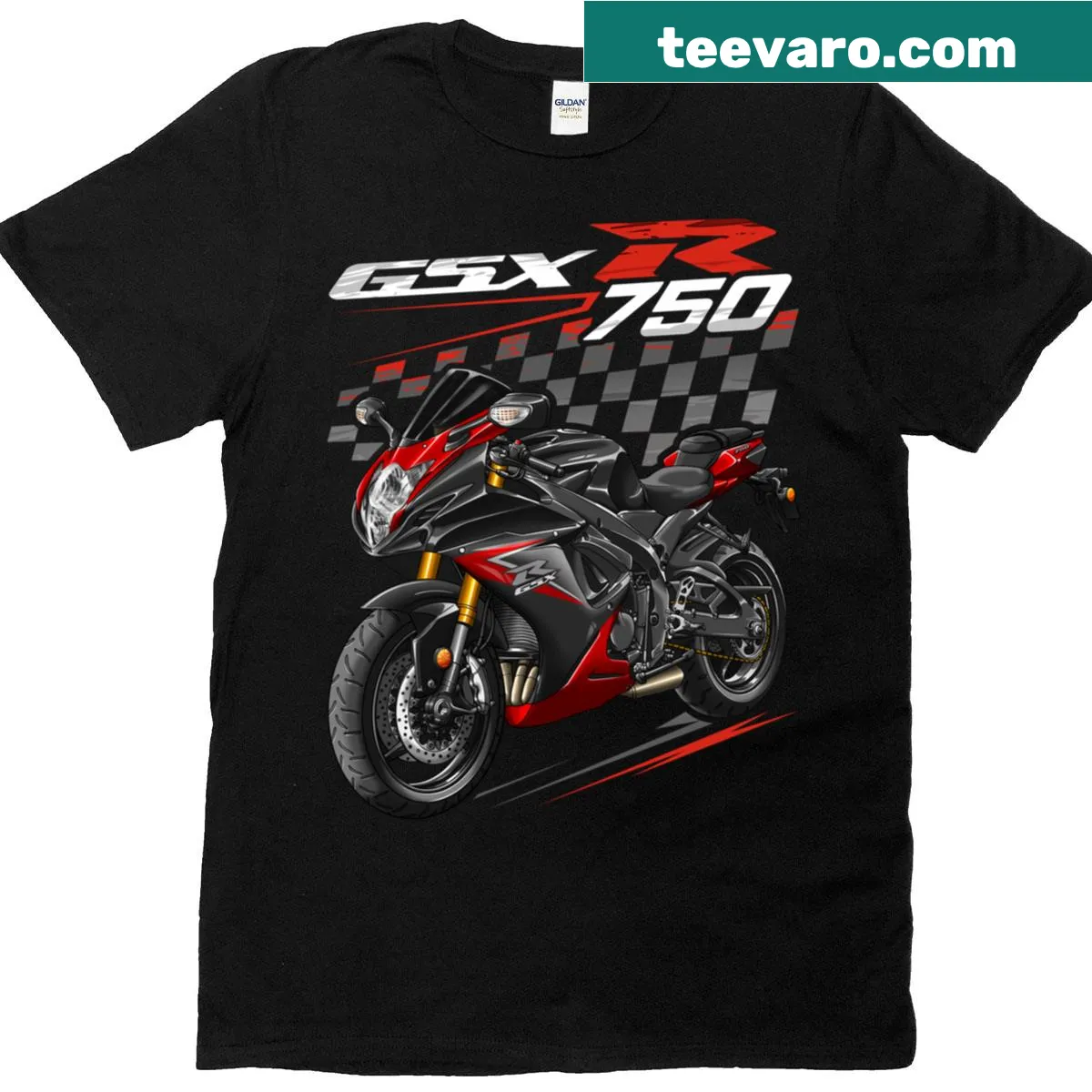 Illustration of a Suzuki Gsxr 750 motorcycle in pearl mira red and black — on a men's t-shirt