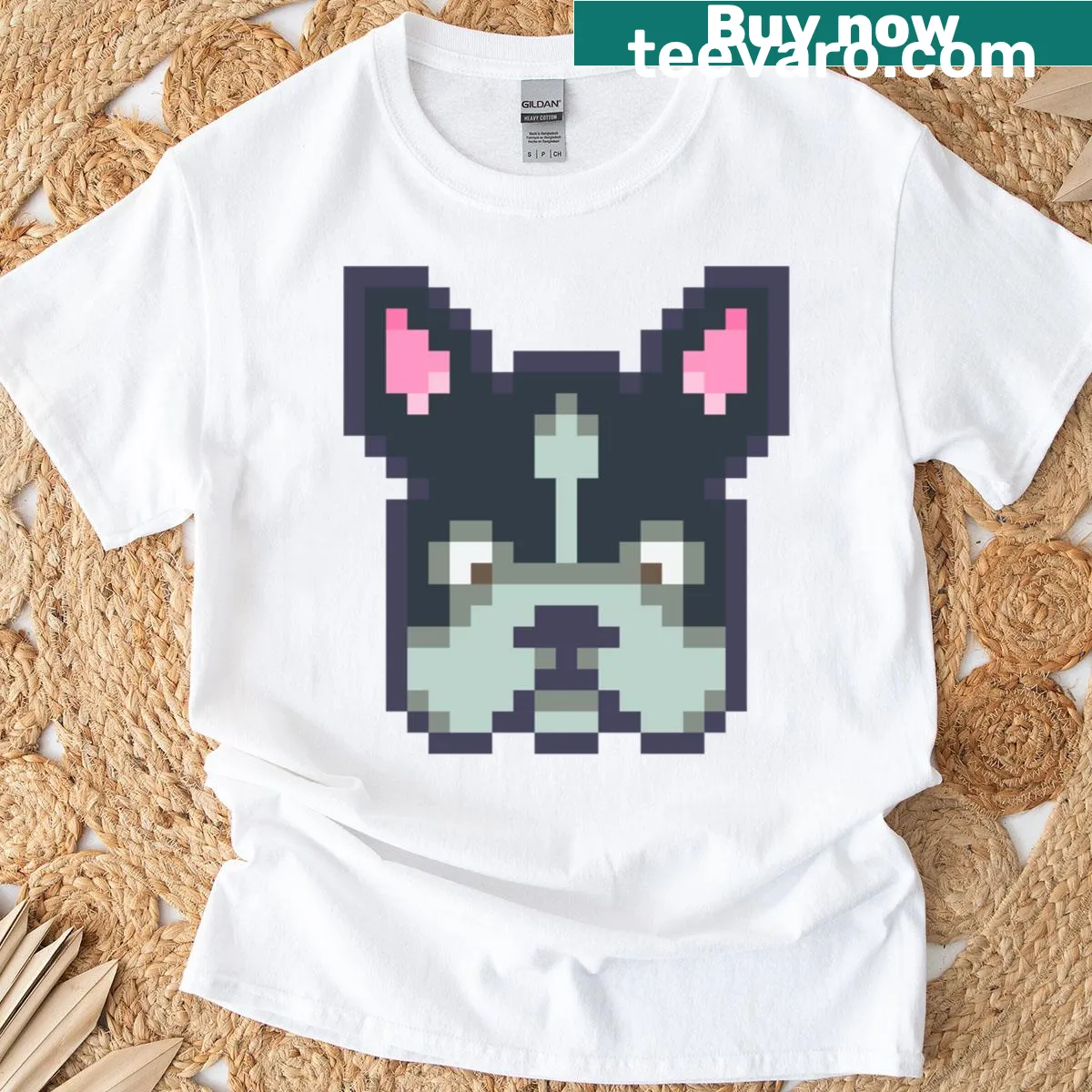 Retro pixel art T-shirt featuring a terrier dog — on a men's t-shirt