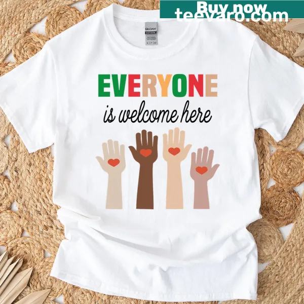 Typography T-shirt with 'Everyone Is Welcome Here In Idaho' message