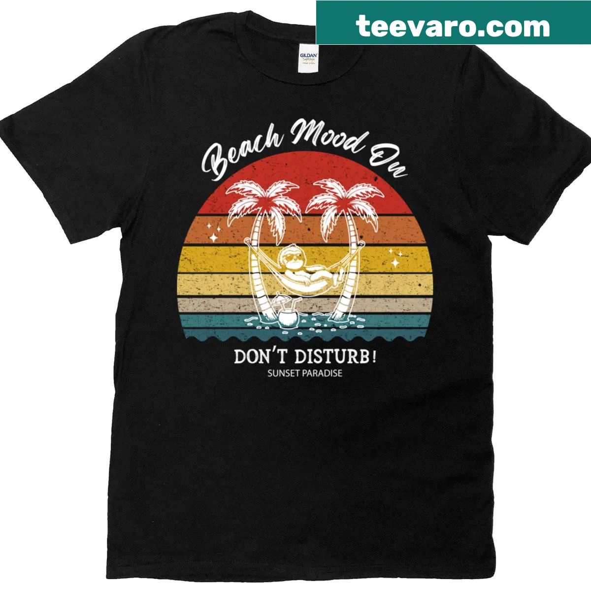 Tropical beach scene highlighting palm trees and ocean waves — on a men's t-shirt