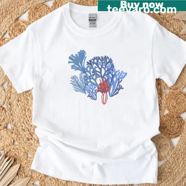 T-shirt featuring unique coral designs amidst ocean scenery