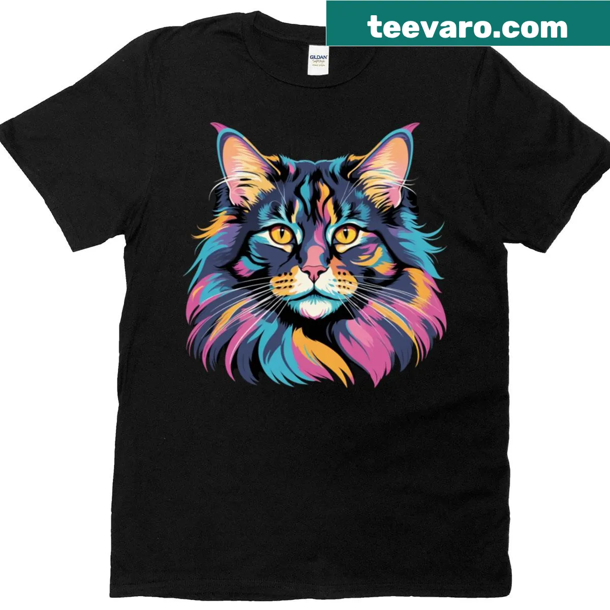Pop art T-shirt featuring a colorful Maine Coon cat design — on a men's t-shirt