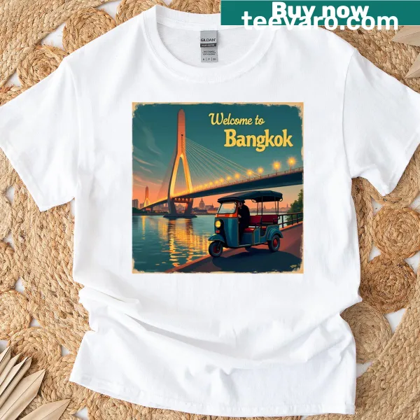 Vintage Bangkok travel poster featuring a tuk tuk and bridge