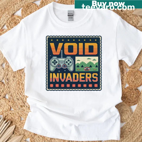 Retro video game themed t-shirt featuring void invaders graphics.