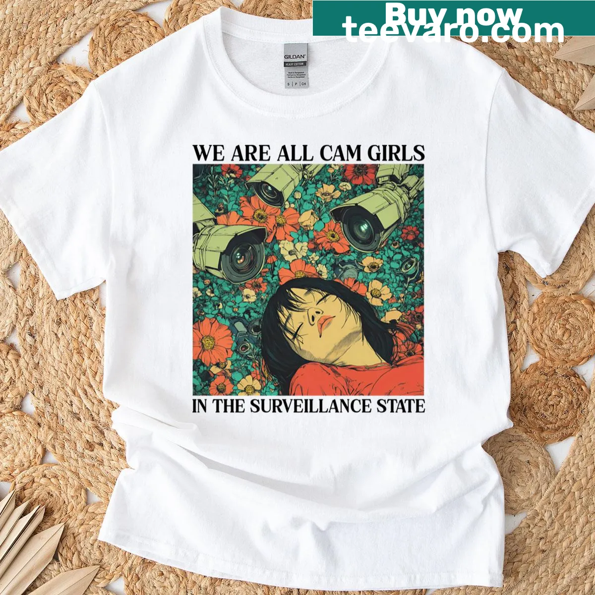Feminist-themed T-shirt with flowers and text about surveillance. — on a men's t-shirt