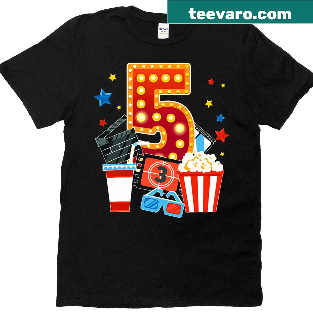Fun T-shirt for 5th birthday featuring a movie night theme — on a men's t-shirt