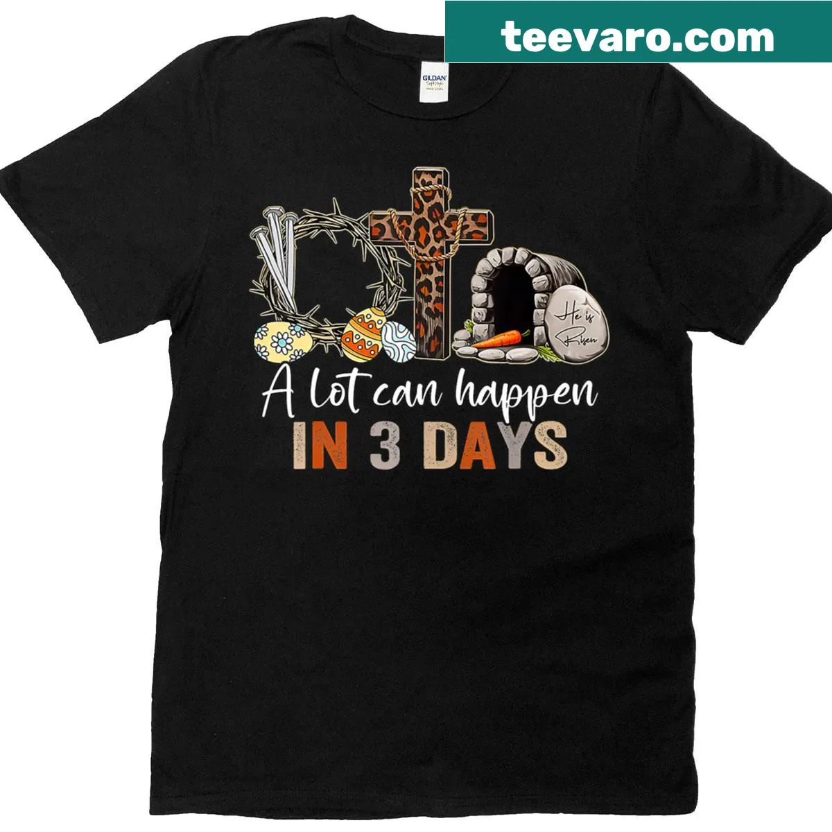Easter-themed t-shirt with the phrase 'A Lot Can Happen In 3 Days' — on a men's t-shirt