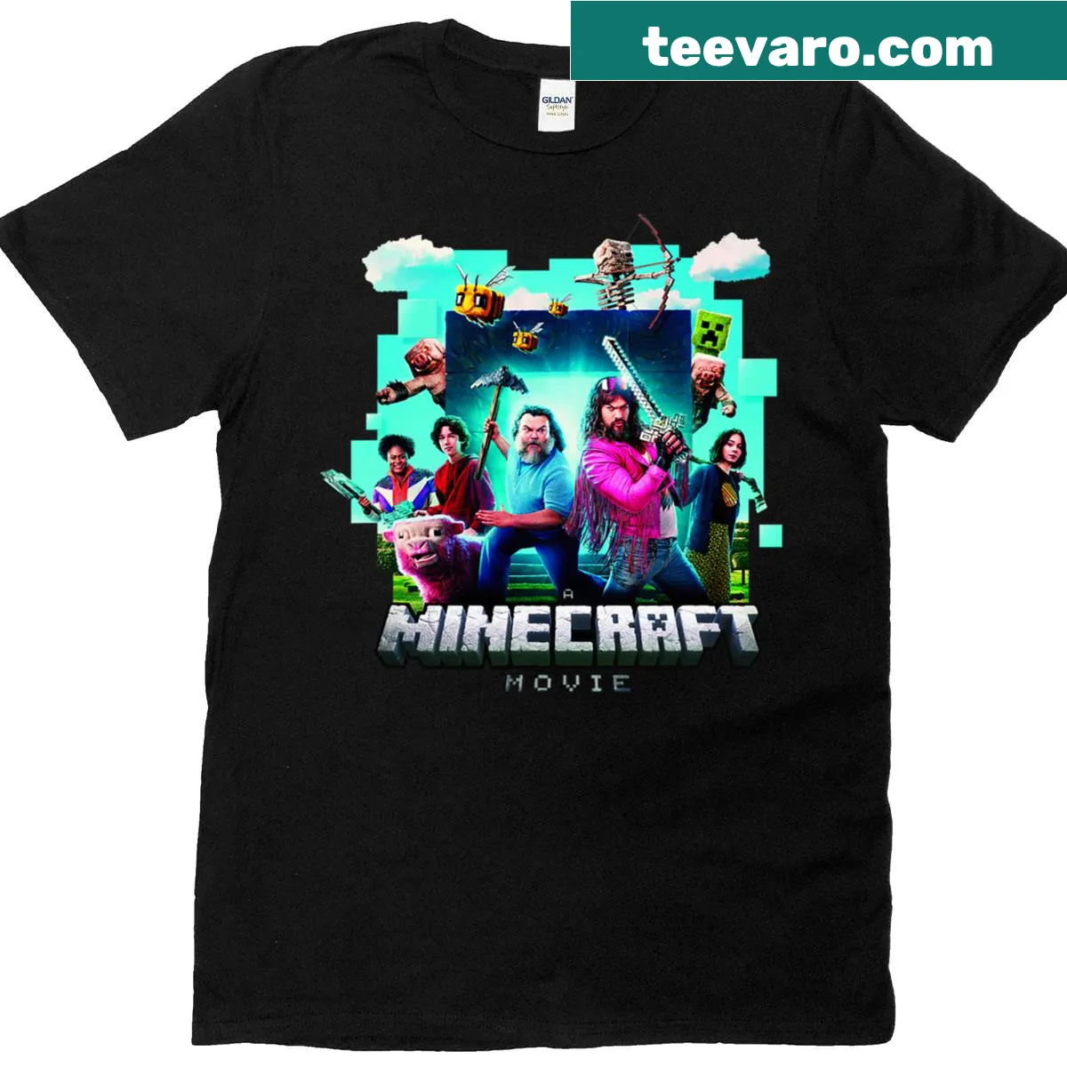 Graphic t-shirt featuring main characters from the Minecraft movie adventure — on a men's t-shirt