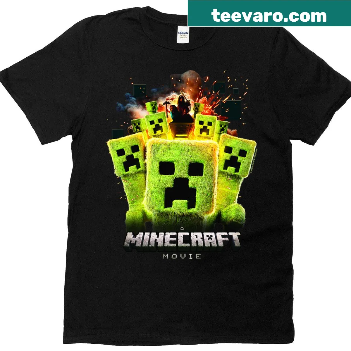 Minecraft T-shirt with creepers surrounding the main characters — on a men's t-shirt