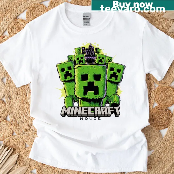 Minecraft T-shirt featuring heroes with creepers surrounding them