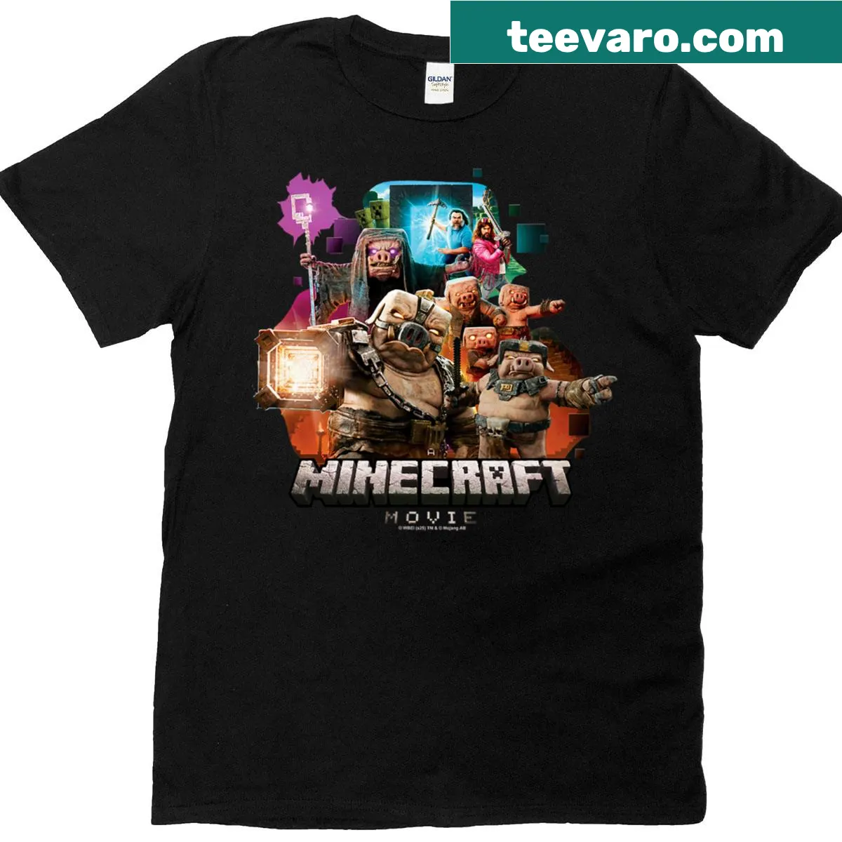 Illustration of Piglins vs Heroes from Minecraft movie on T-shirt — on a men's t-shirt