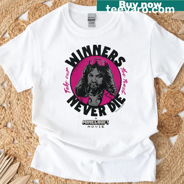 Minecraft-themed shirt with the phrase 'Winners Never Die' and playful text.