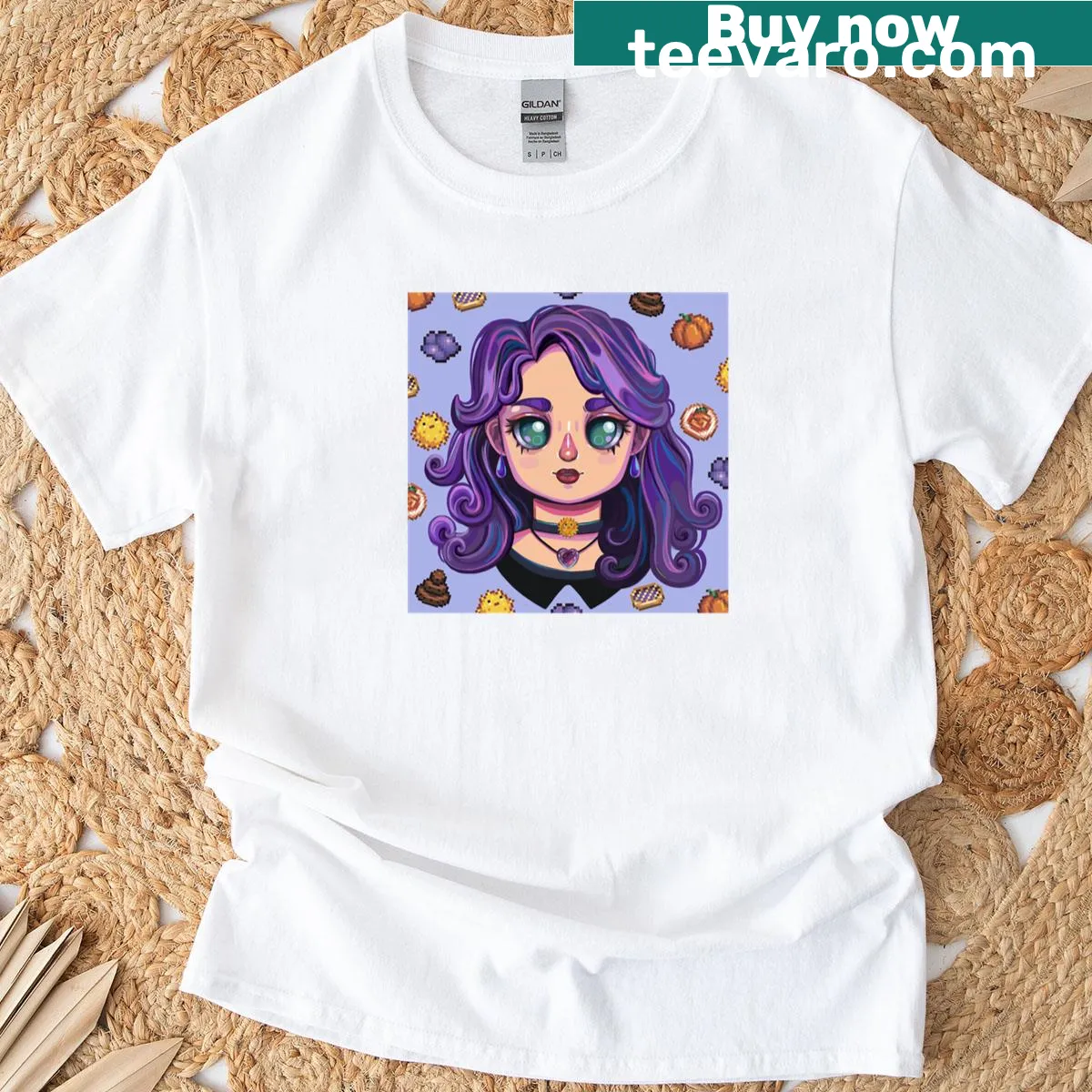 Chibi Abigail from Stardew Valley surrounded by gifts on a t-shirt. — on a men's t-shirt