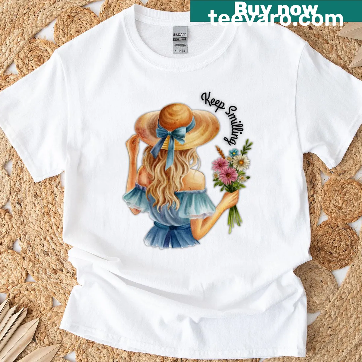 Vintage country girl t-shirt with flowers and 'Keep Smiling' text. — on a men's t-shirt