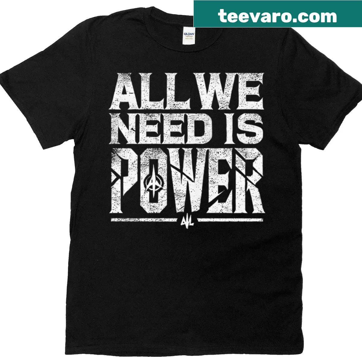 Edgy streetwear T-shirt with the phrase All We Need Is Power — on a men's t-shirt