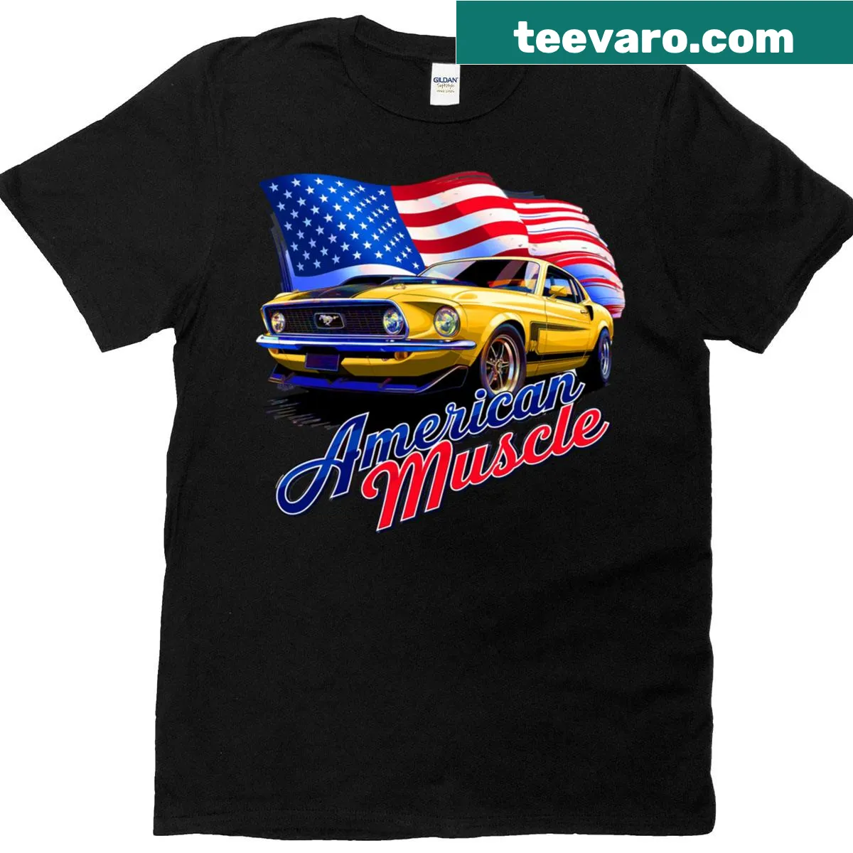 Graphic t-shirt featuring an illustration of a Mustang muscle car — on a men's t-shirt