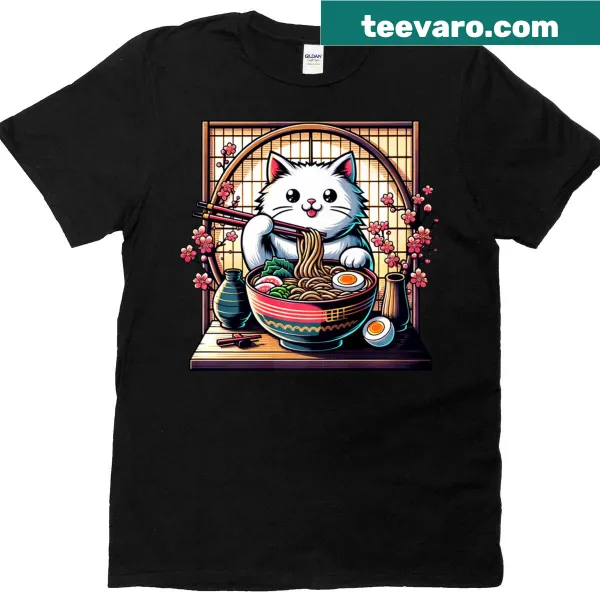 Kawaii T-shirt featuring a cartoon cat enjoying ramen in an anime style.