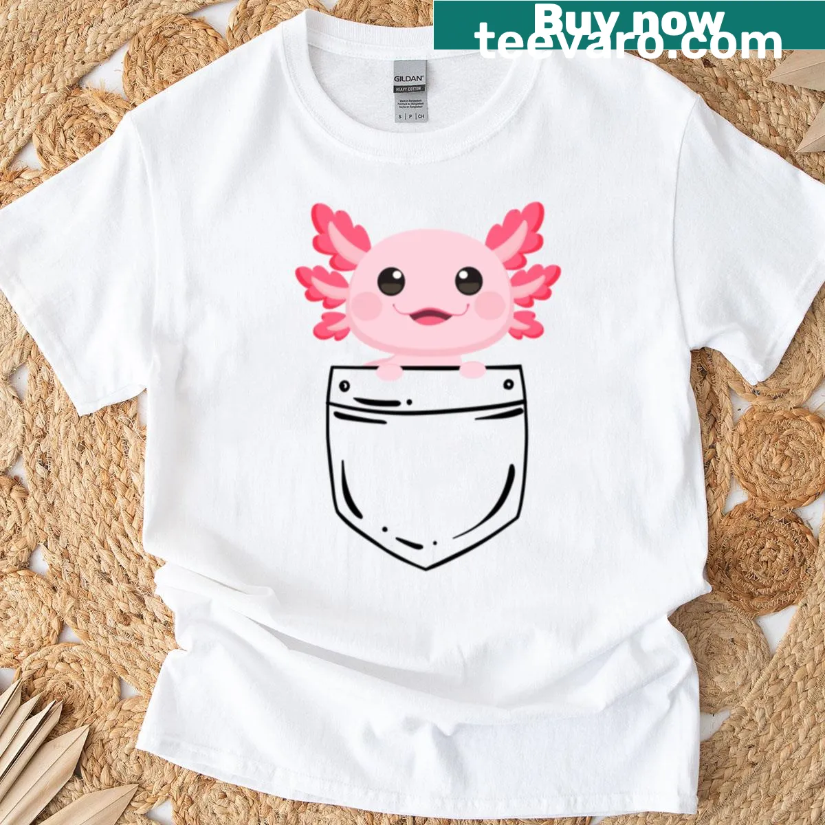 Pocket tee featuring a cartoon axolotl design — on a men's t-shirt
