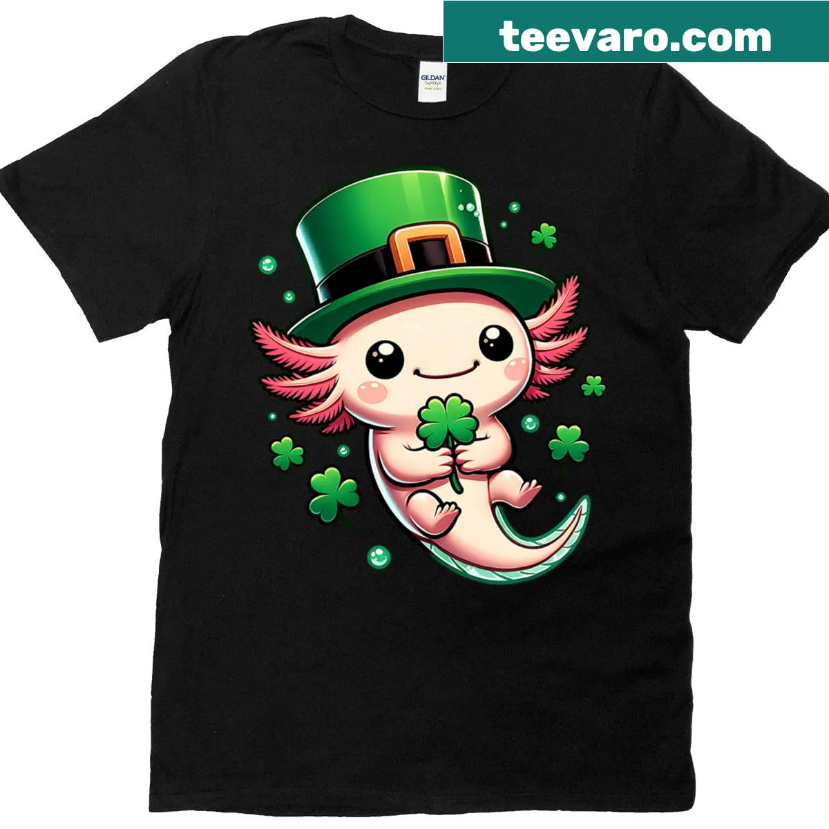 Cute axolotl with shamrocks for St. Patrick's Day — on a men's t-shirt