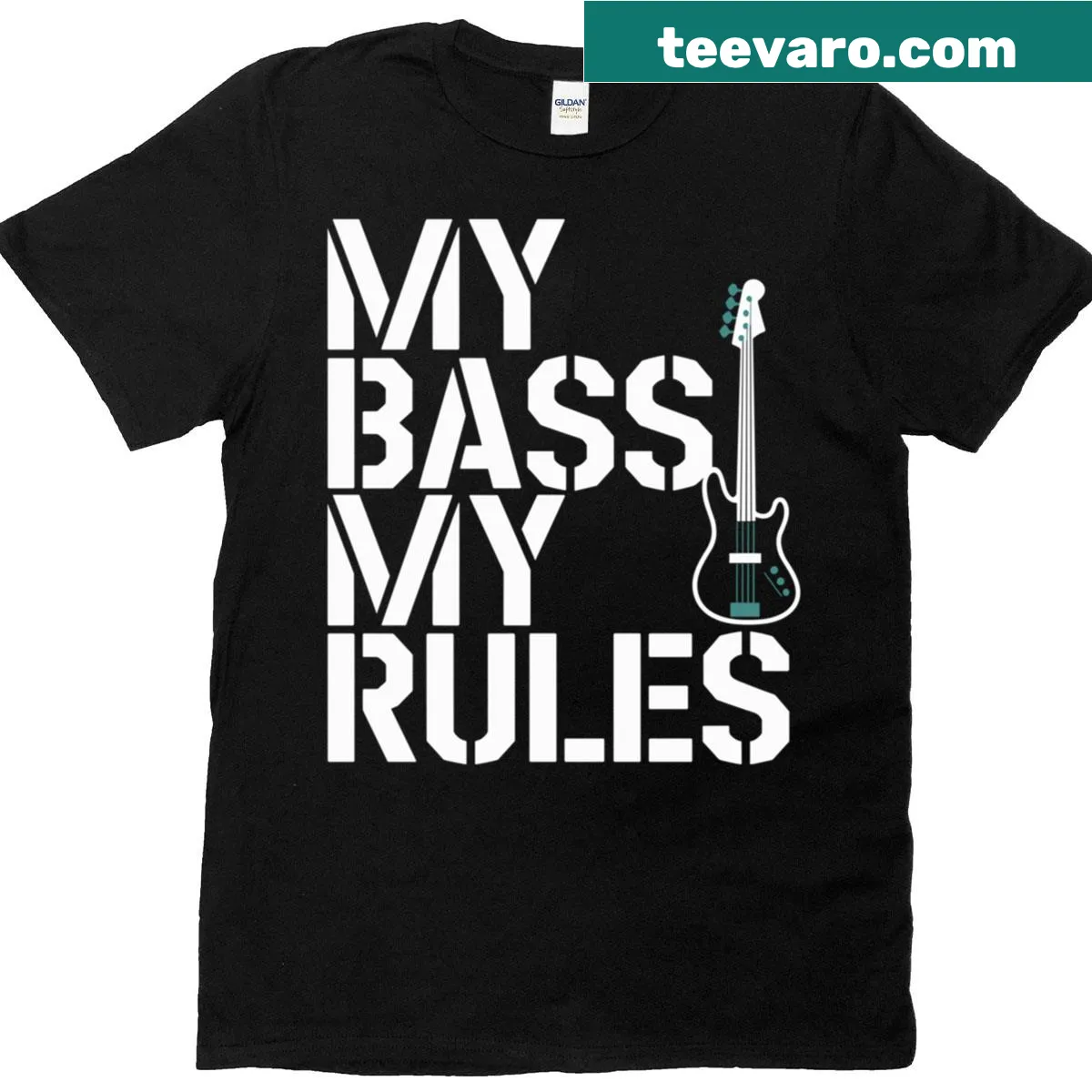 Playful typography design for bass guitar players — on a men's t-shirt
