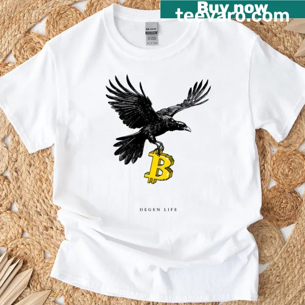 Bitcoin-themed t-shirt featuring a crow and 'Degen Life' text