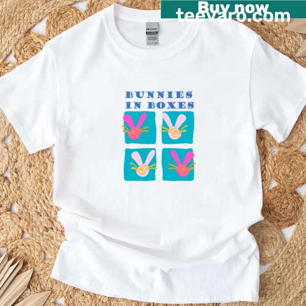 Cute T-shirt with bunnies popping out of boxes