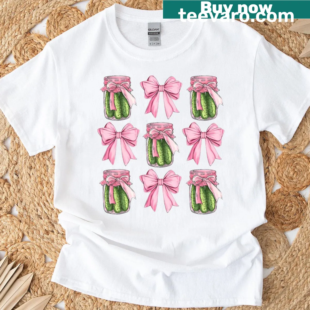 Cute T-shirt featuring a girl with pickle jar and bows — on a men's t-shirt