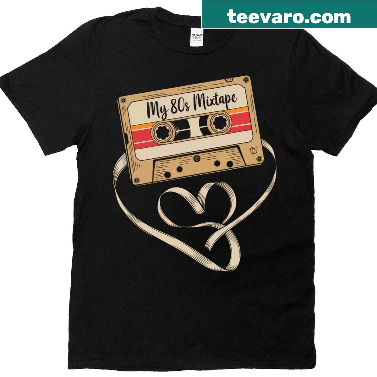 Retro cassette tape graphic on a T-shirt celebrating 80s and 90s music. — on a men's t-shirt