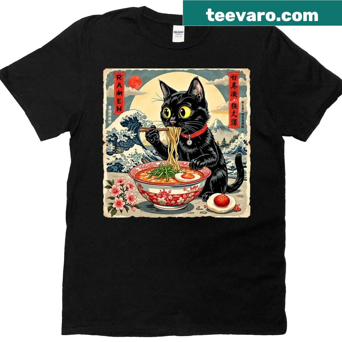 Kawaii cat enjoying ramen in a graphic on a T-shirt. — on a men's t-shirt