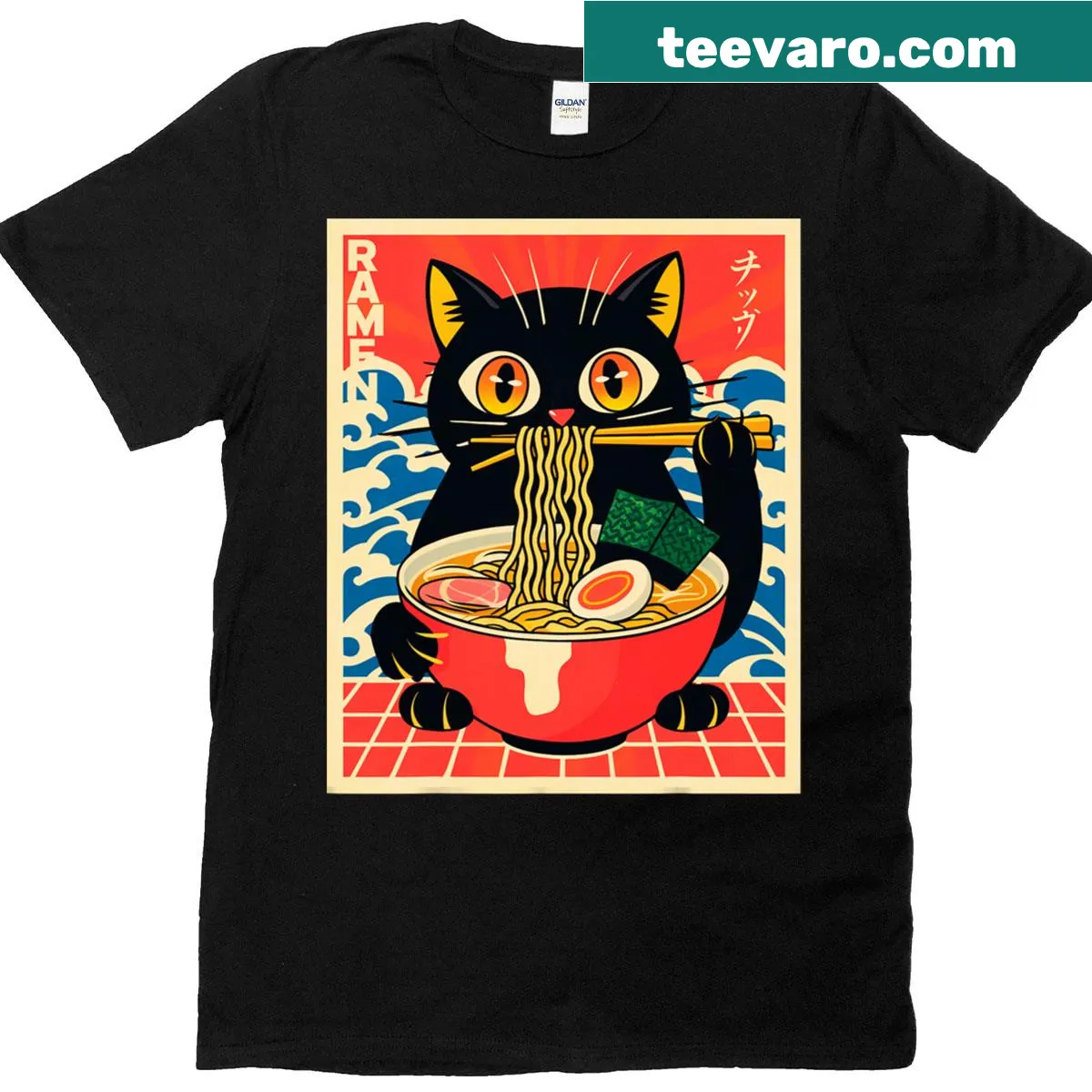 Kawaii cat enjoying ramen in a fun cartoon design — on a men's t-shirt
