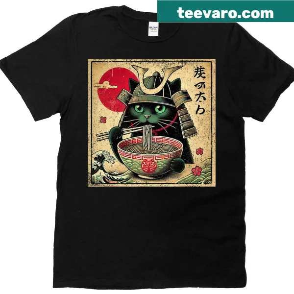 Kawaii cat samurai with ramen in a playful cartoon style