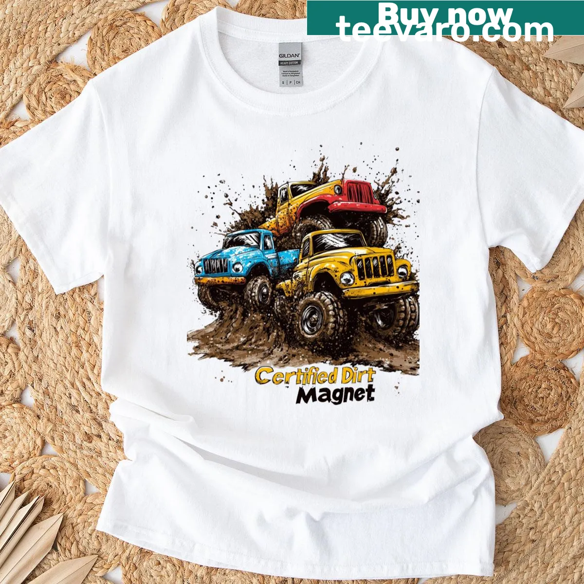Off-road adventure-themed T-shirt with dirt magnet phrase. — on a men's t-shirt