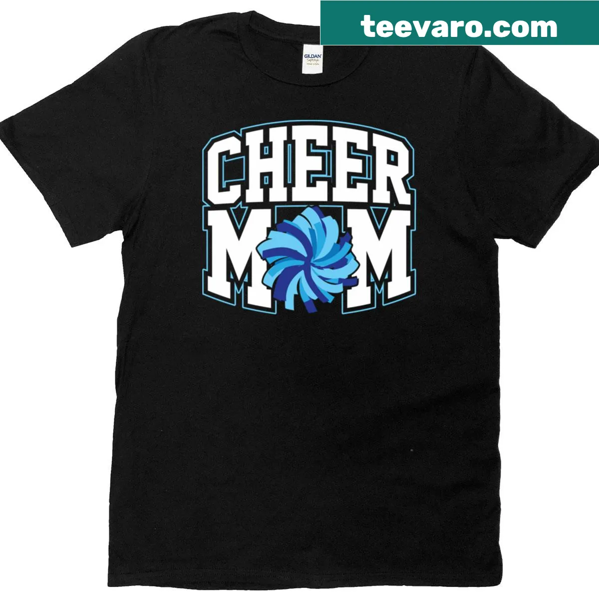 Proud Cheerleader Mom t-shirt with pompom graphic and text — on a men's t-shirt