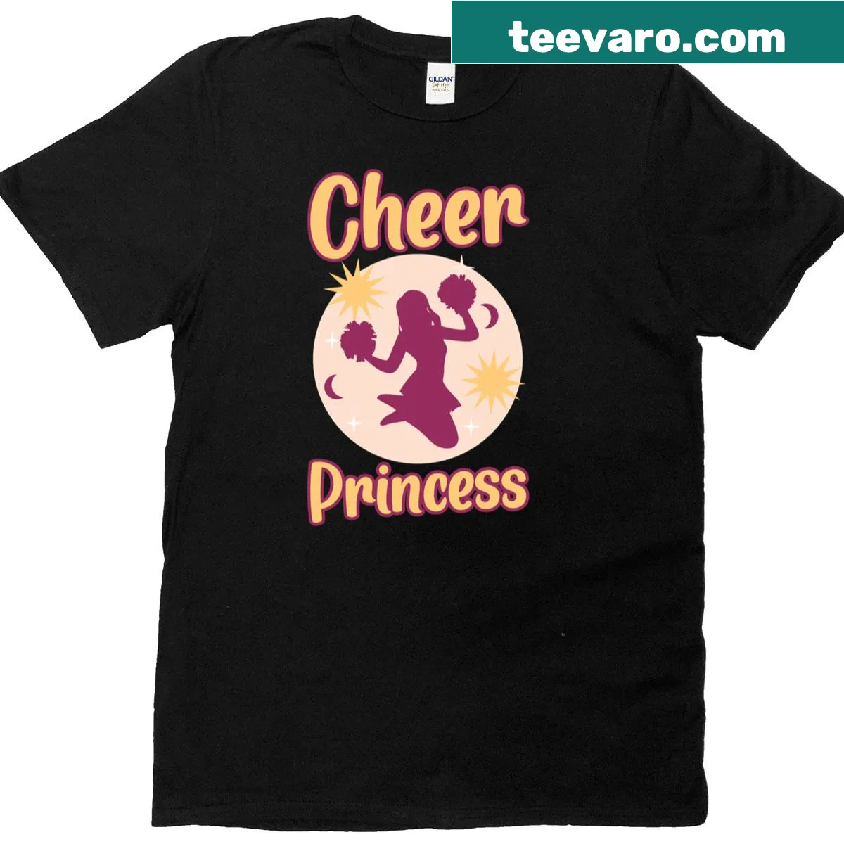 Cheer Princess t-shirt with playful typography and pompom graphic — on a men's t-shirt