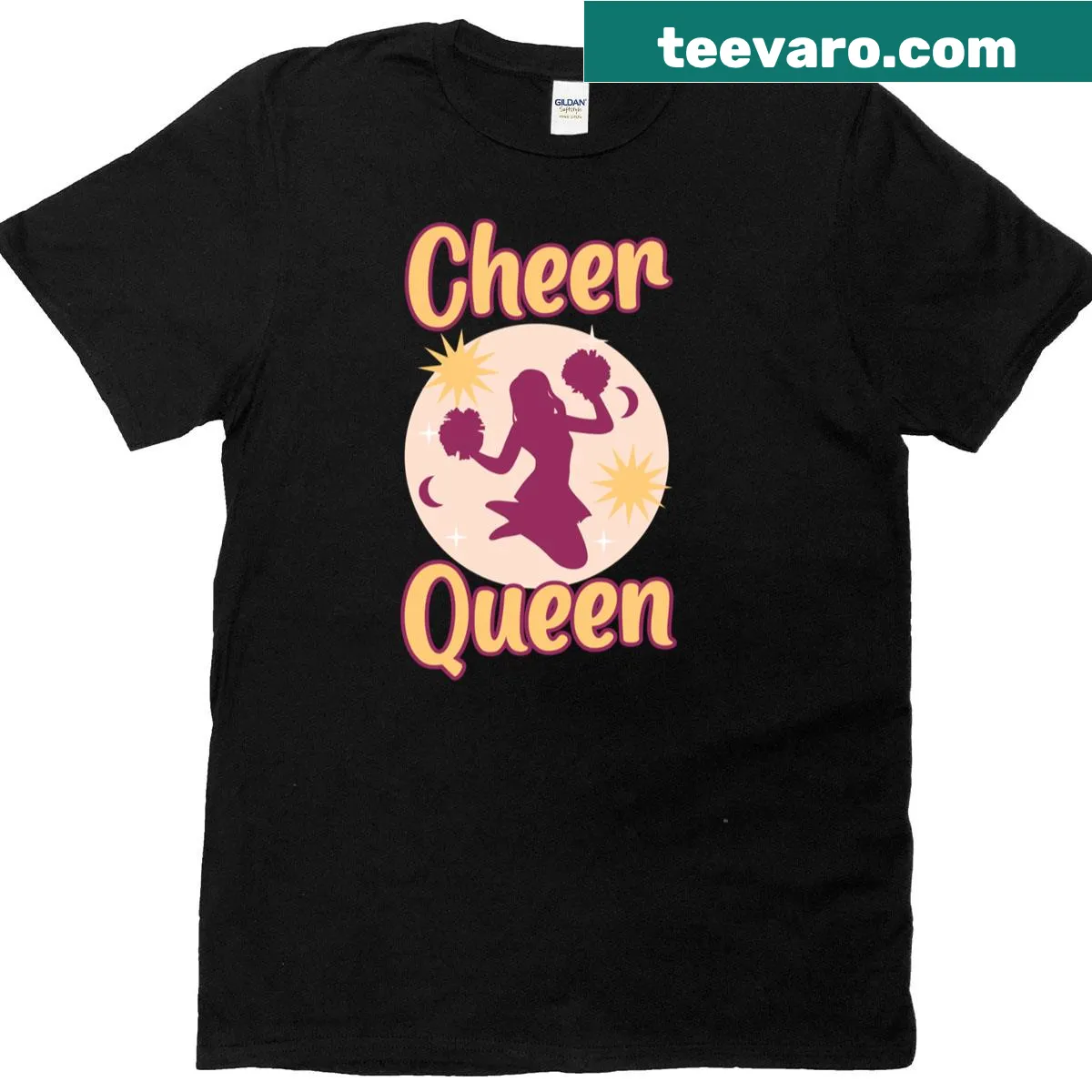 Cute Cheer Queen t-shirt with trendy typography and pompom graphic — on a men's t-shirt
