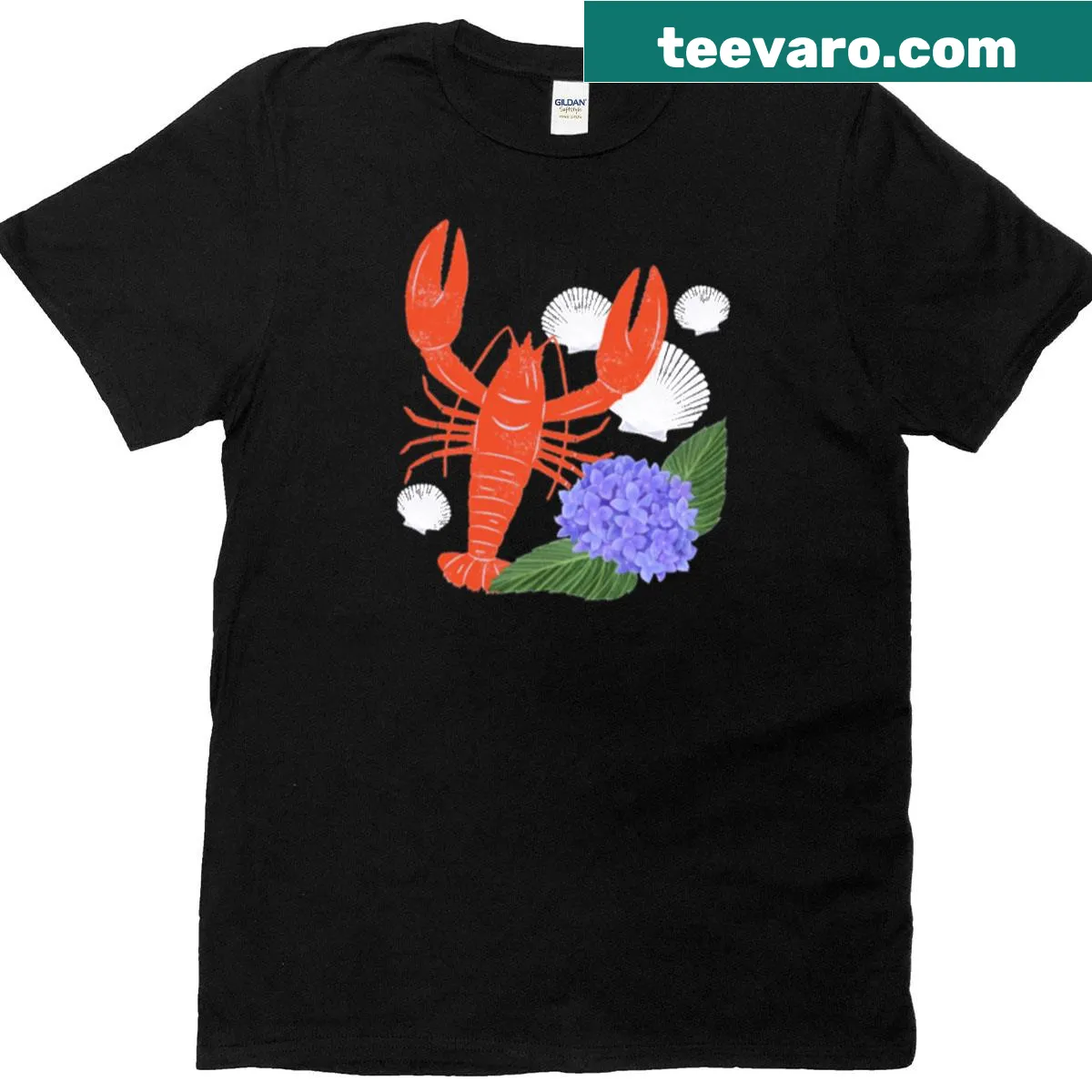 Nautical lobster and hydrangea illustration T-shirt design — on a men's t-shirt
