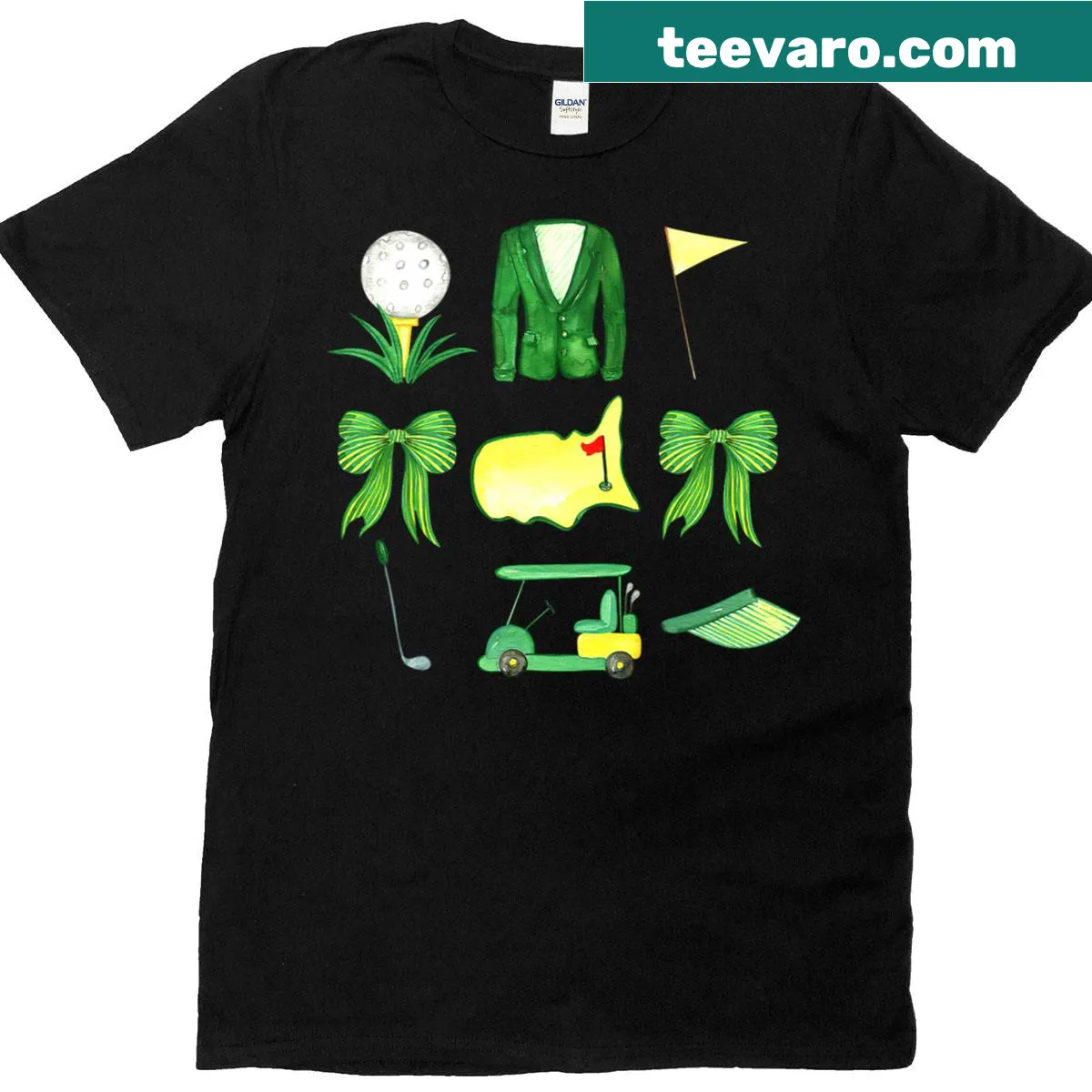 Golf tournament graphic T-shirt for girls featuring playful illustrations — on a men's t-shirt