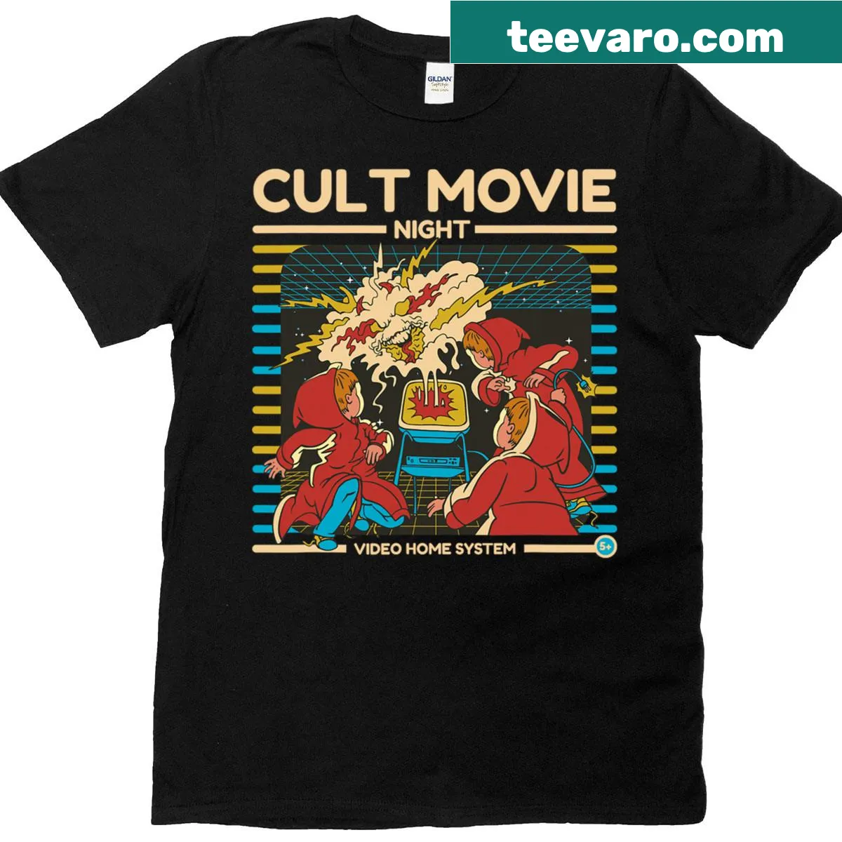 Retro graphic t-shirt featuring VHS and cult movie themes — on a men's t-shirt